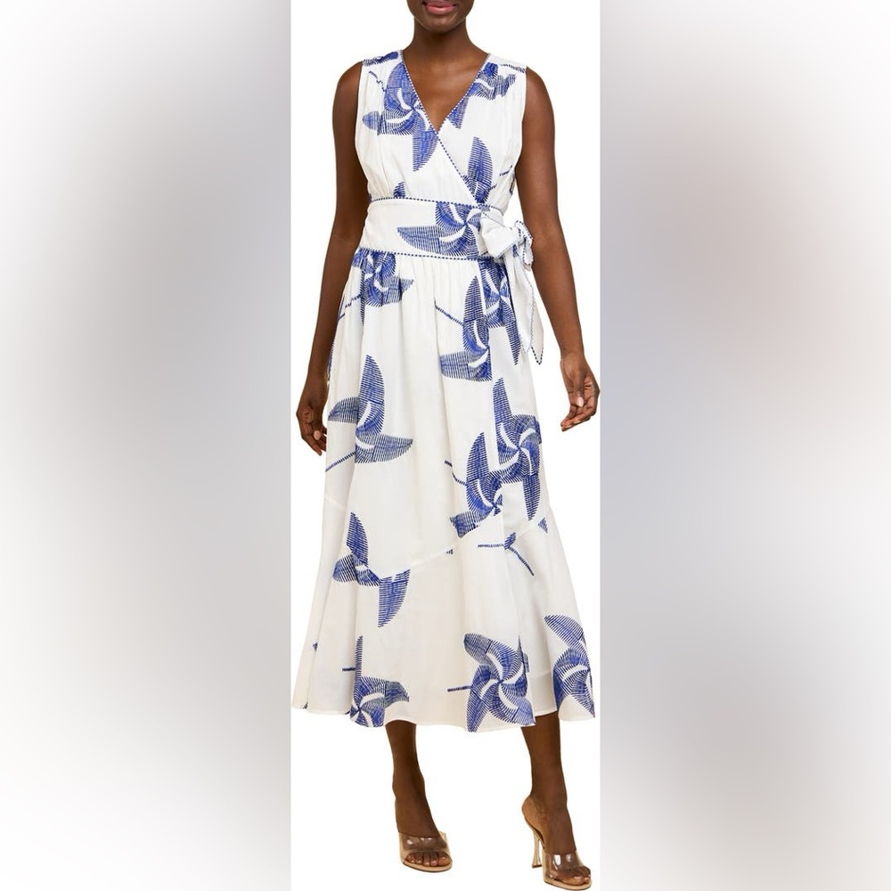 Elegant White and Blue Floral Wrap Dress